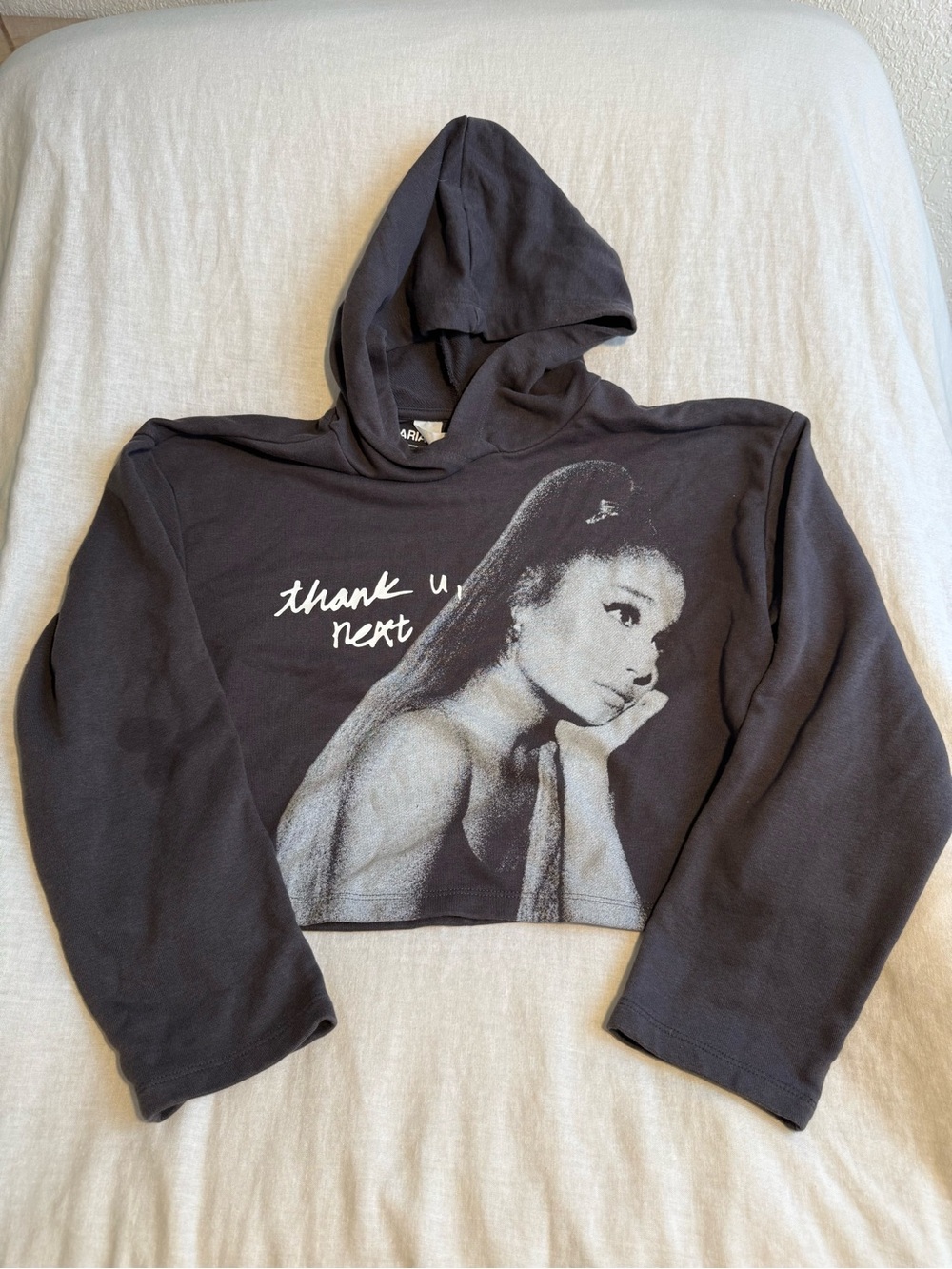 H&M Black Cropped Hoodie with Grayscale Graphic